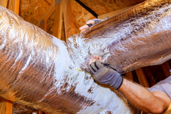Workers are sealing duct connections in attic