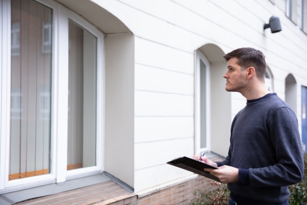 homeowner holding a clipboard while doing a home energy usage inspection