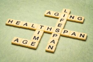Aging, time, lifespan and healthspan crossword in letter tiles depicting boiler
