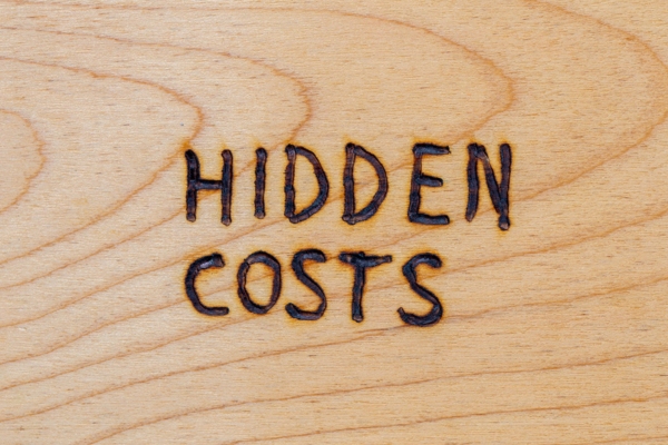 HIDDEN COSTS handwritten on wood using wood burner