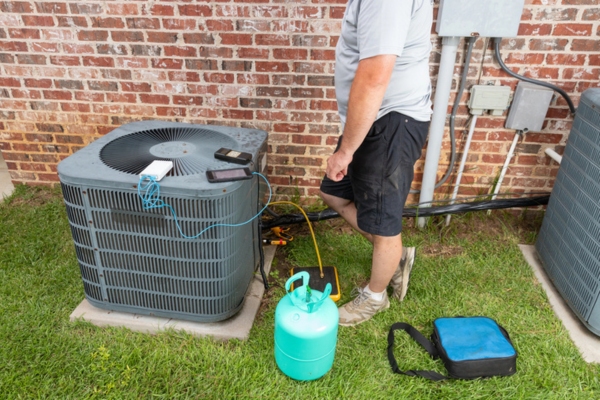 HVAC technician tending to a central air conditioner